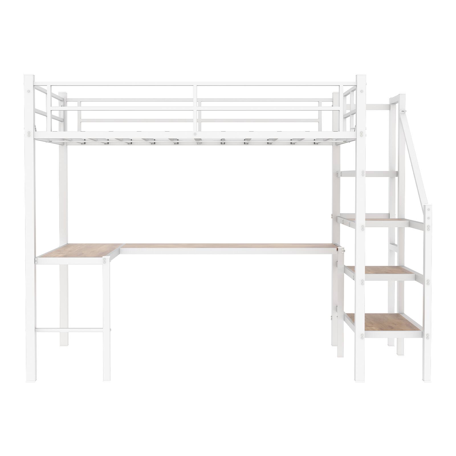 Alt View 8. Loheer - Loheer Twin Size White Iron and Wood Loft Bed with Built In Desk Space Saving Compact Frame - White.