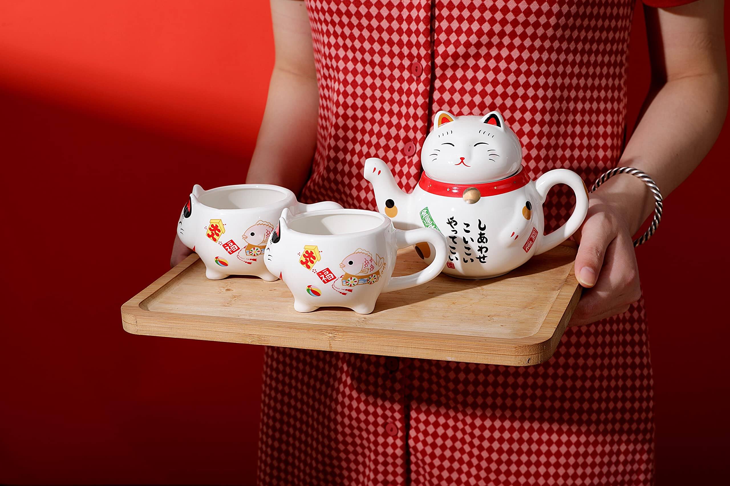 Alt View 1. Alchemy Casas - Lucky Cat Tea Set Ceramic Maneki Neko Teapot Teacups With Stainless Steel Infuser In Gift Box Scarf - MULTI.