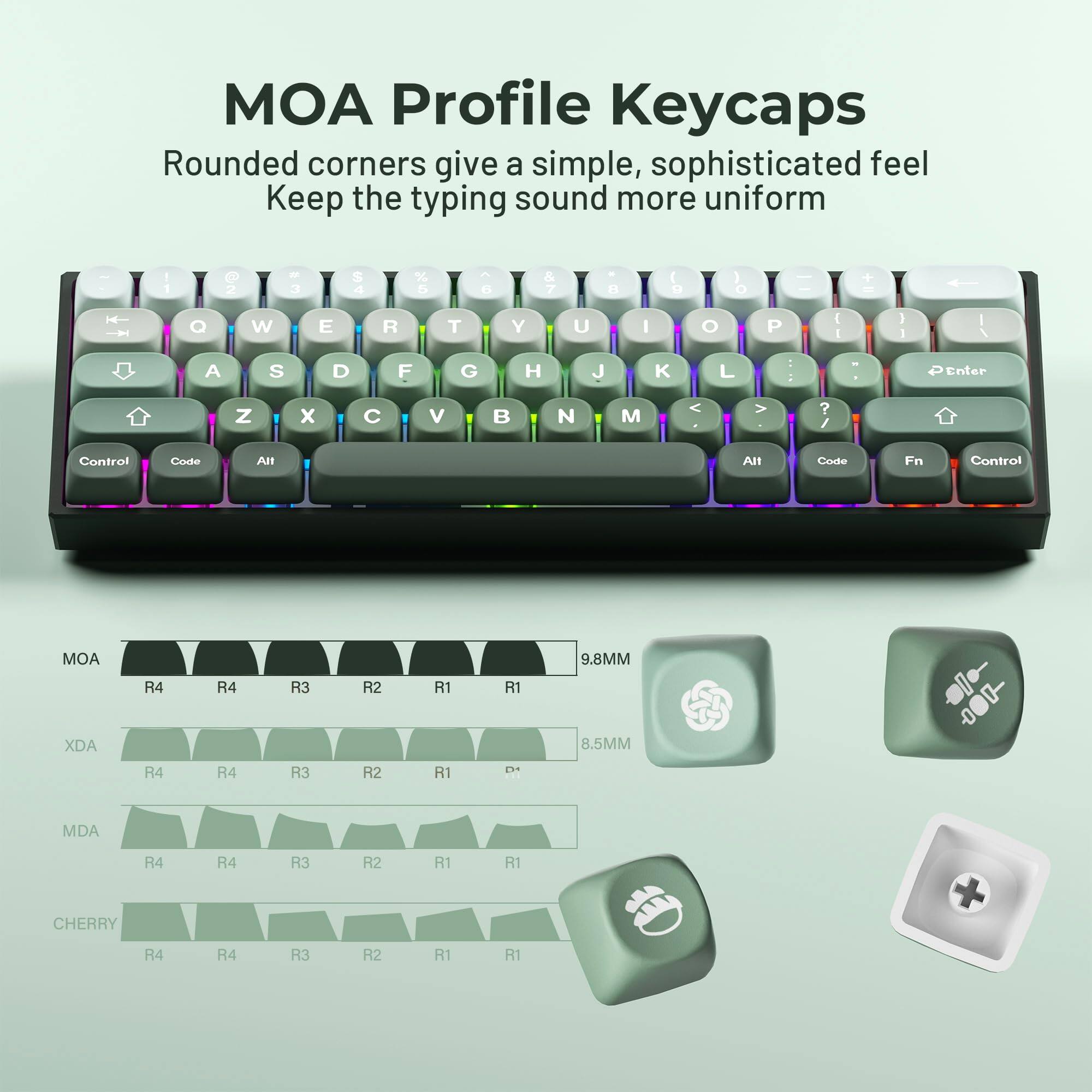 MOA Profile Keycaps

Rounded corners give a simple, sophisticated feel  
Keep the typing sound more uniform

MOA  
9.8MM  
R4 R4 R3 R2 R1 R1

XDA  
8.5MM  
R4 R4 R3 R2 R1

MDA  
R4 R4 R3 R2 R1 R1

CHERRY  
R4 R4 R3 R2 R1 R1