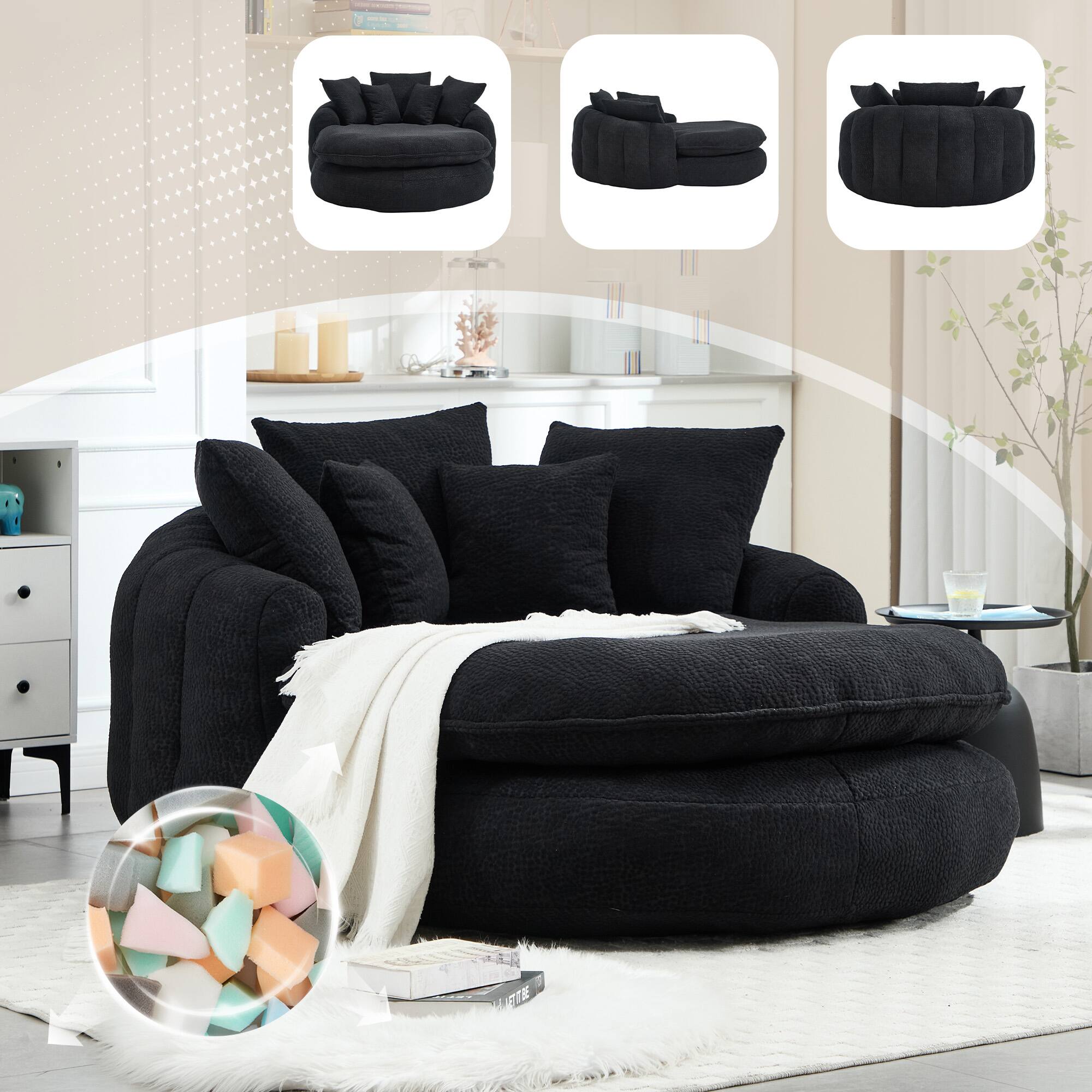 Front. GOODSILO - Oversized Oval Upholstered Bean Bag Sofa with Wrap-Around Backrest and Multiple Pillows for Ultimate Comfort - Black.