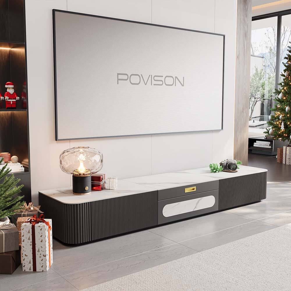 Left. POVISON - 79" Modern TV Stand for Projector, Sintered Stone TV Cabinet with Drawers for Home Theater, Black & White - White & Black.