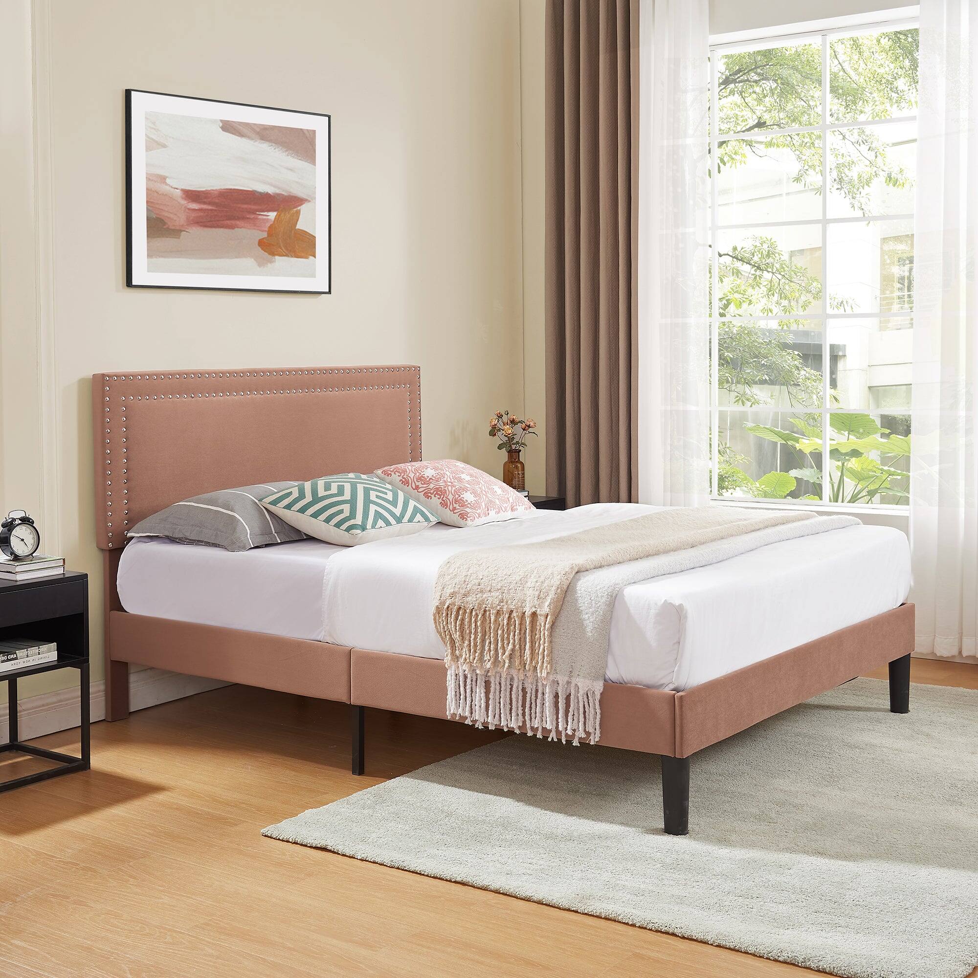 Alt View 1. Vecelo - Full Size Platform Bed Frame with Adjustable Upholstered Headboard, Strong Wood Slat Support,No Box Spring Needed - Coffee.