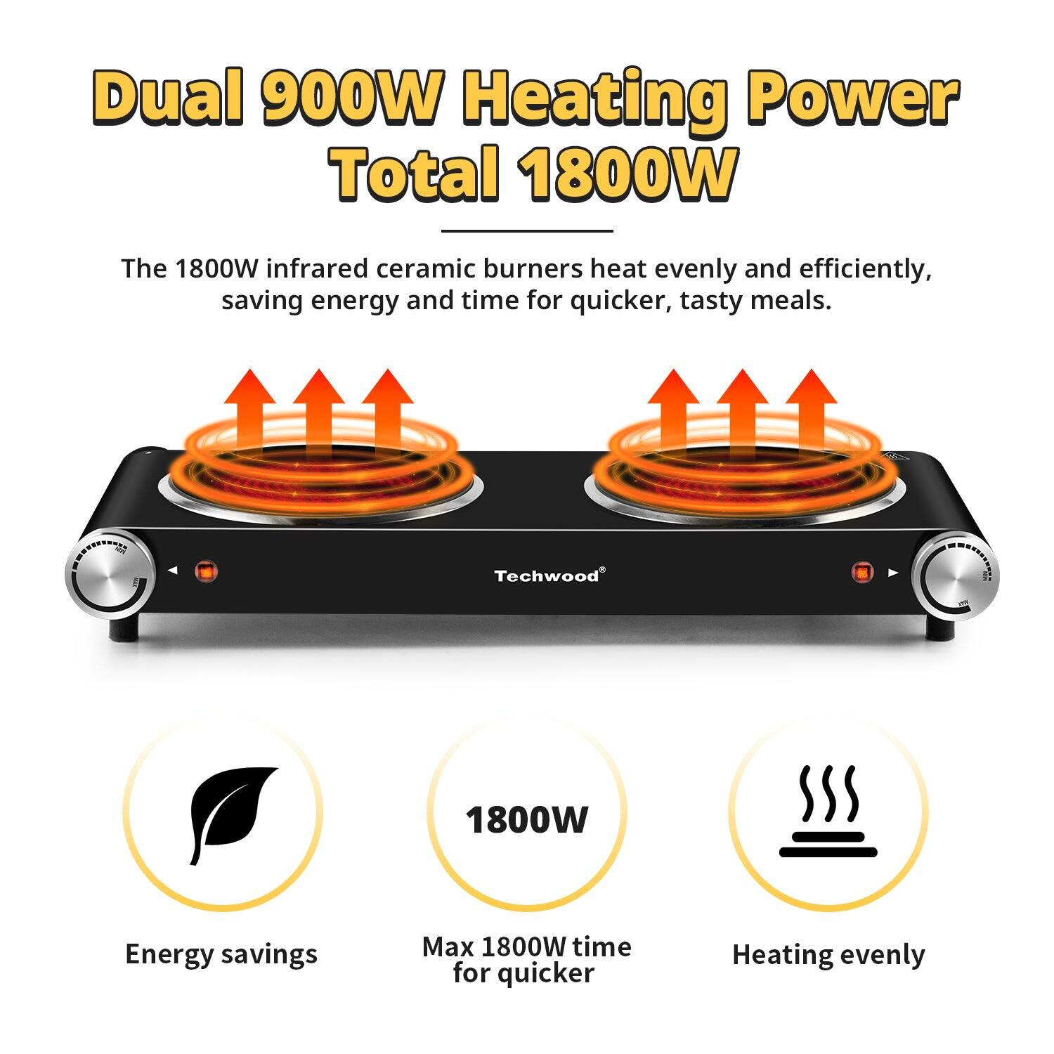 Dual 900W Heating Power  
Total 1800W  

The 1800W infrared ceramic burners heat evenly and efficiently, saving energy and time for quicker, tasty meals.  

Techwood 1800W  
Energy savings  
Max 1800W time for quicker  
Heating evenly
