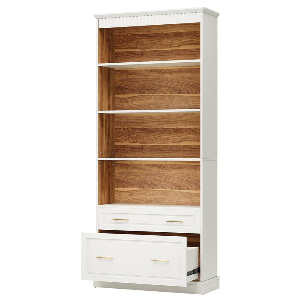 Back. Kadyn - Kadyn Bookshelf, Storage Shelf, Bookcase,72" Bookshelf with Drawers, Freestanding 5-Shelf Bookcase Display Shelf,White - White.