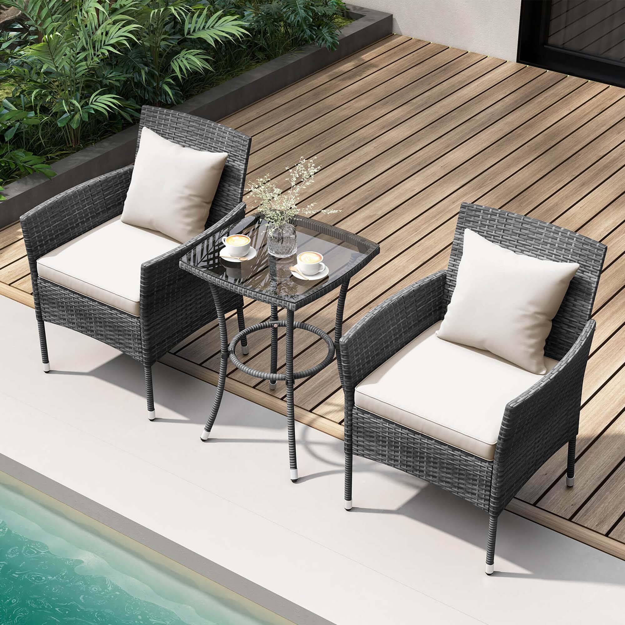 Alt View 3. Costway - 3 PCS Patio Furniture Set with Cushioned Patio Chairs & Tempered Glass Coffee Table - Off White + Mix Grey.