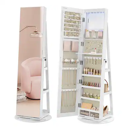 Front. Songmics Home - 6 LEDs Lockable Mirror Jewelry Cabinet with Full-Length Mirror White - White.