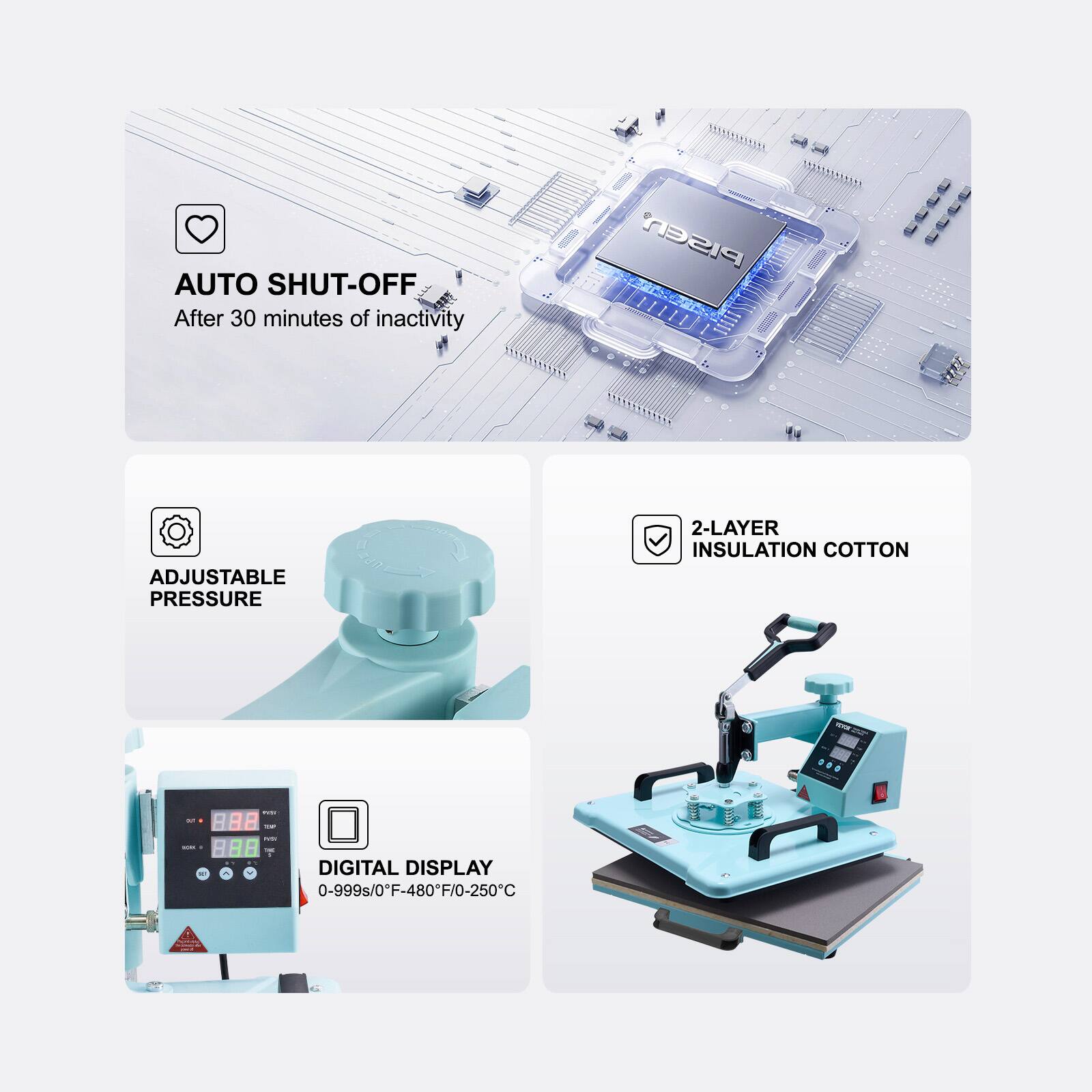 AUTO SHUT-OFF After 30 minutes of inactivity

ADJUSTABLE PRESSURE

2-LAYER INSULATION COTTON

DIGITAL DISPLAY 0-999s/0°F-480°F/0-250°C