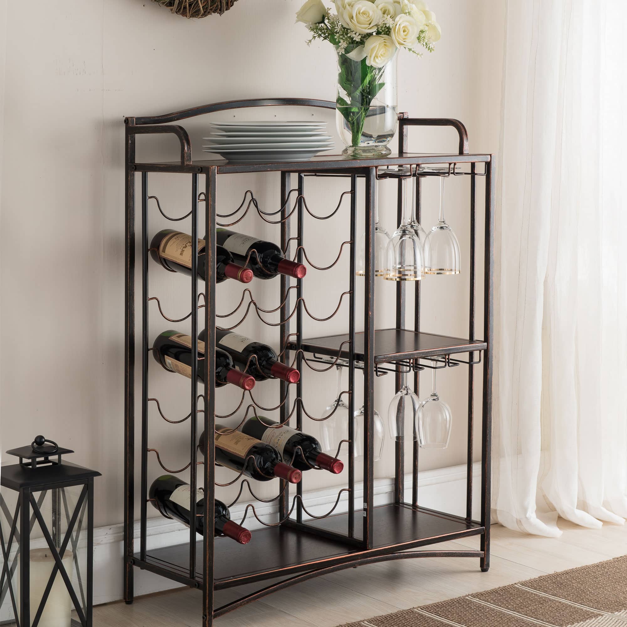 Kings Brand Furniture - Athelstan Rack Table Bar Cabinet Shelves, Liquor Wine Storage Stand with Glass Holder - Rust/Copper