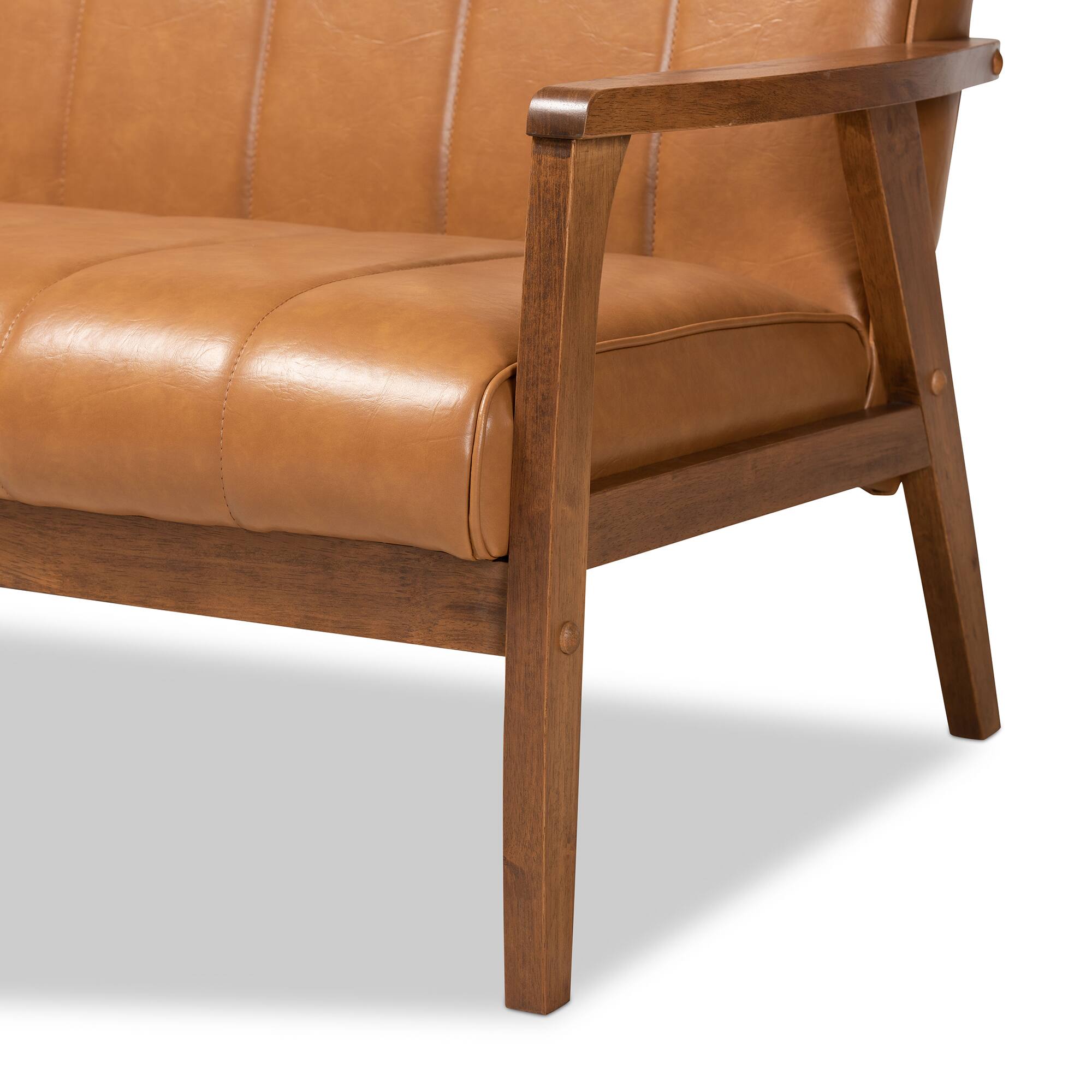 Alt View 2. Baxton Studio - Nikko Mid-century Modern Faux Leather Upholstered and Walnut finished Wood Sofa - Tan/walnut brown.