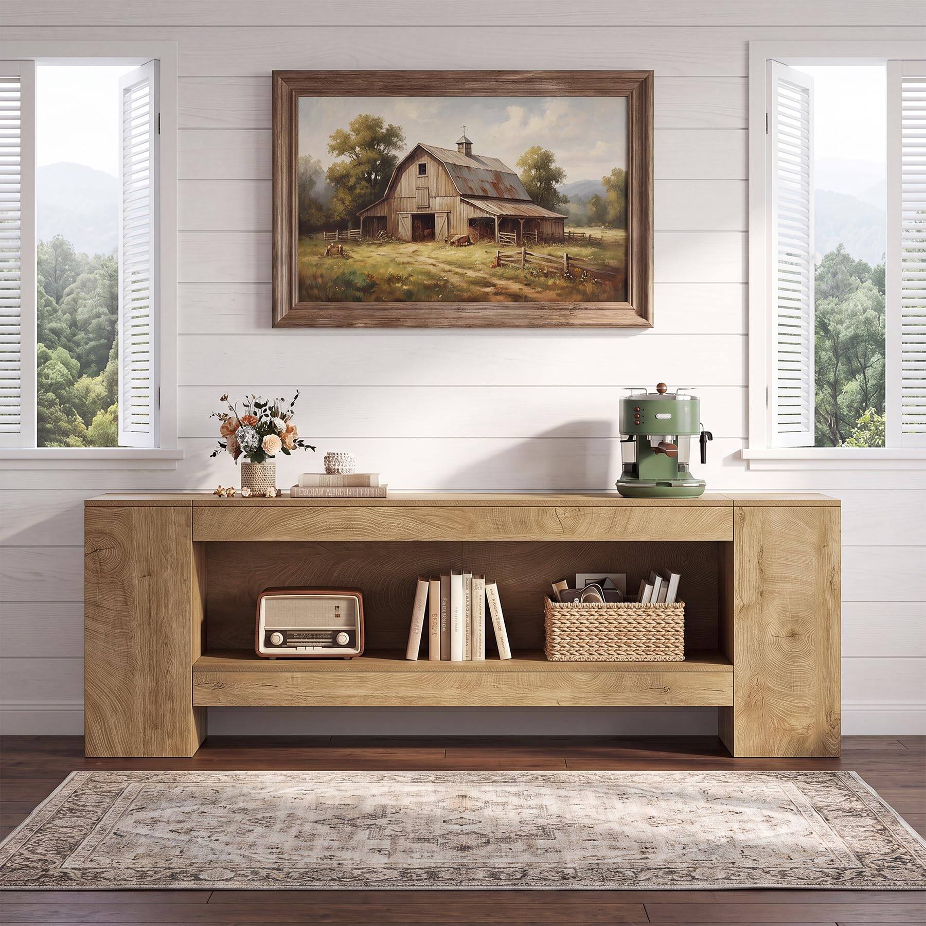 Back. Tribesigns - 83-Inch TV Stand for 65/75/85, Farmhouse Entertainment Center with Open Storage, 2-Tier Television Stand with LED Light, - Brown.