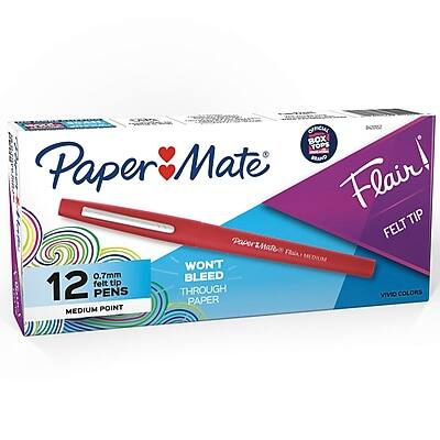 Paper Mate Flair!  
Felt Tip  
12 Pens  
0.7mm Felt Tip  
Medium Point  
Vivo Colors  
Won't Bleed Through Paper  
Pack of 12
