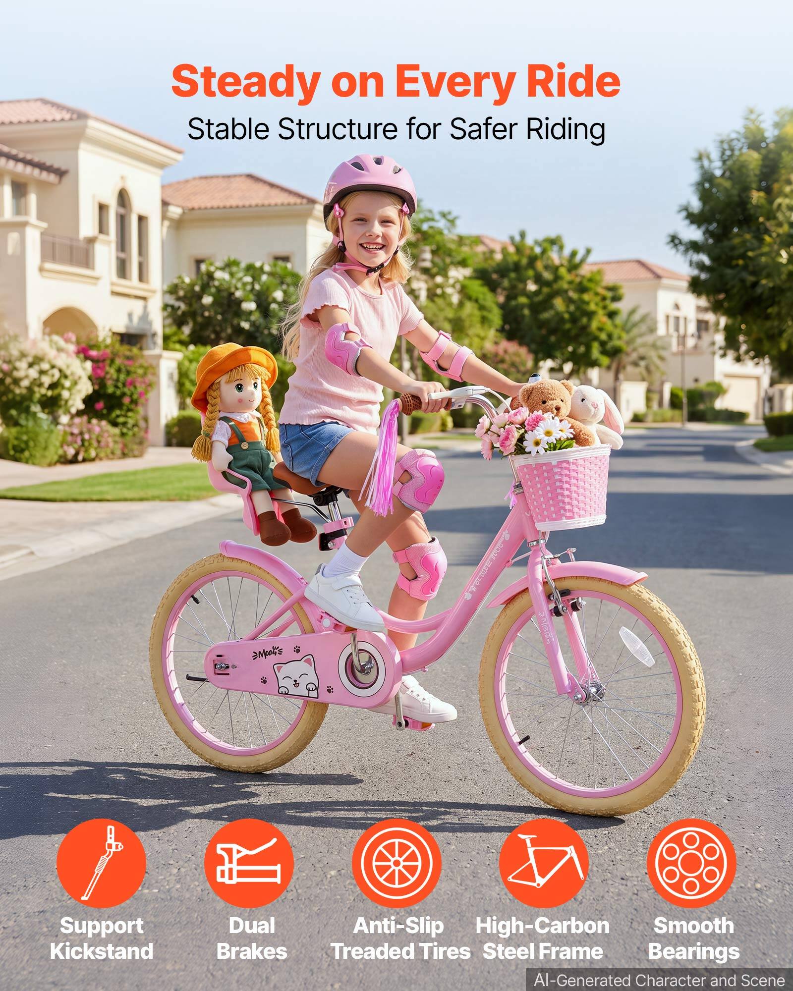 Steady on Every Ride  
Stable Structure for Safer Riding

- Support Kickstand
- Dual Brakes
- Anti-Slip Treaded Tires
- High-Carbon Steel Frame
- Smooth Bearings

AI-Generated Character and Scene