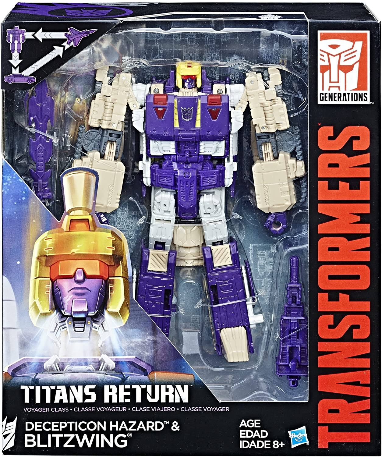 GENERATIONS TITANS RETURN VOYAGER DECEPTICON HAZARD & BLITZWING  
VOYAGER CLASS • CLASSE VOYAGEUR • CLASE VIAJERO • CLASSE VOYAGER  
AGE EDAD IDADE 8+  
TRANSFORMERS