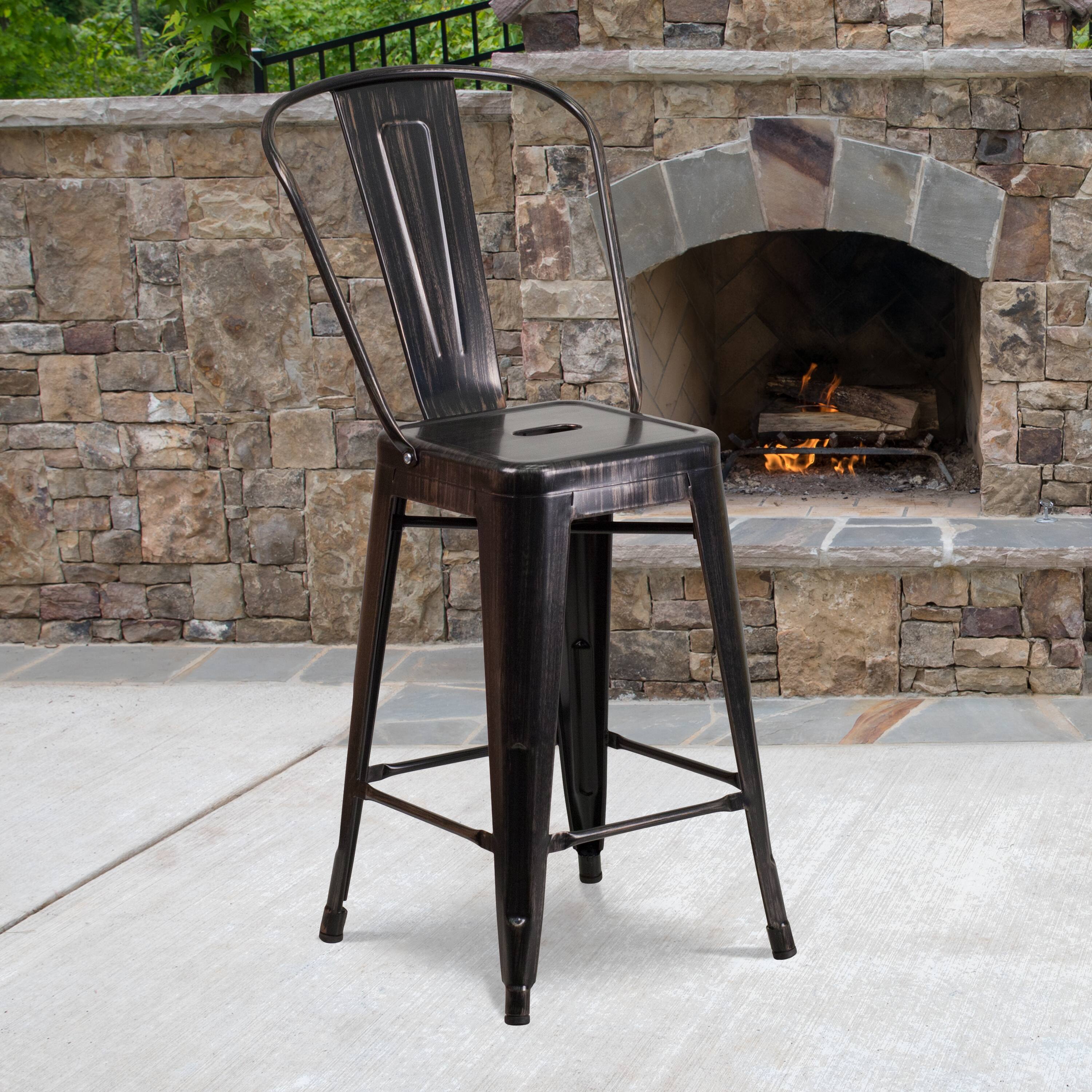 Alt View 2. Emma + Oliver - Commercial Grade 4 Pack 24" High Metal Indoor-Outdoor Counter Height Stool with Back - Black-Antique Gold.