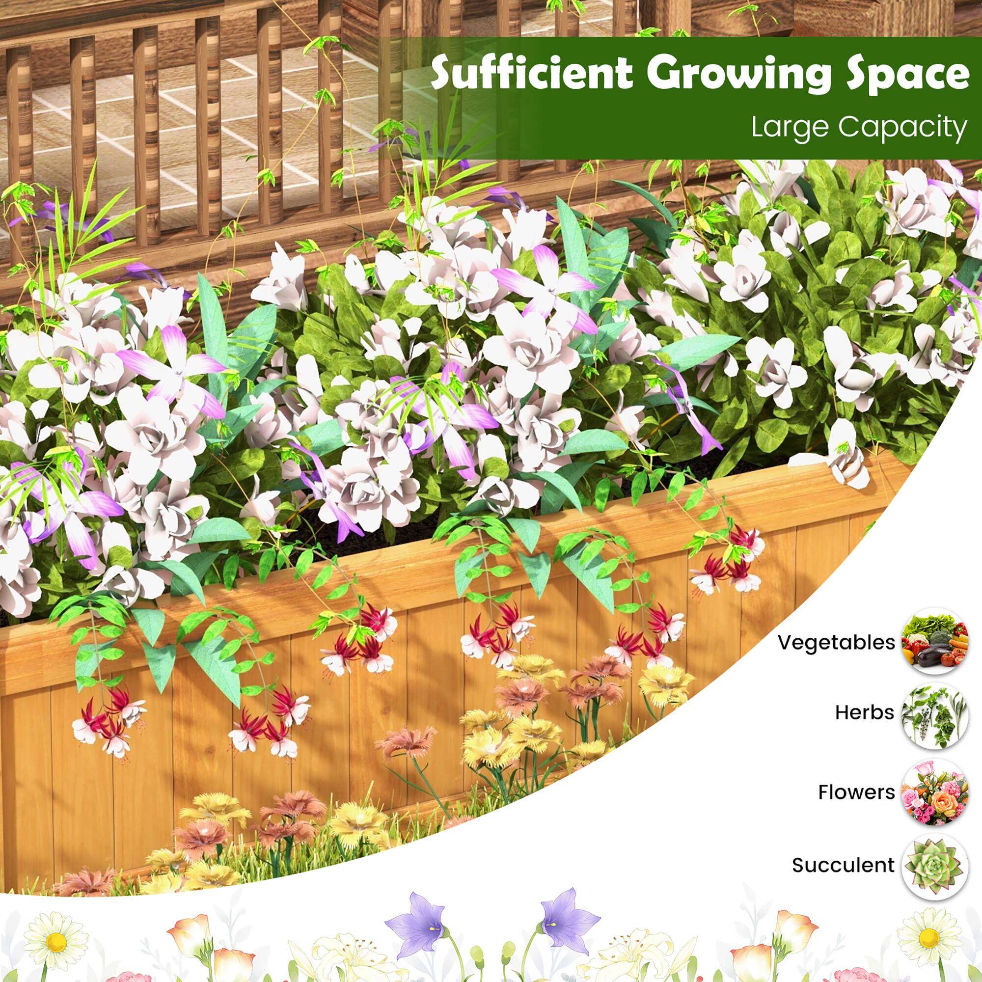 Sufficient Growing Space  
Large Capacity  

Vegetables  
Herbs  
Flowers  
Succulent