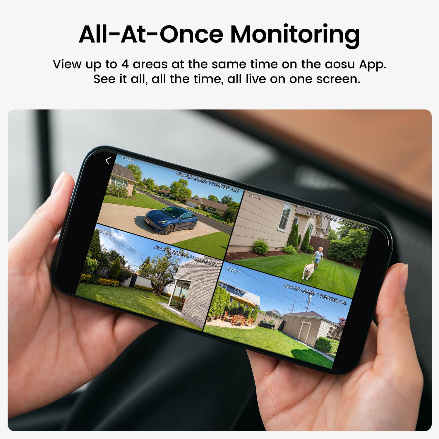 All-At-Once Monitoring  
View up to 4 areas at the same time on the aosu App.  
See it all, all the time, all live on one screen.