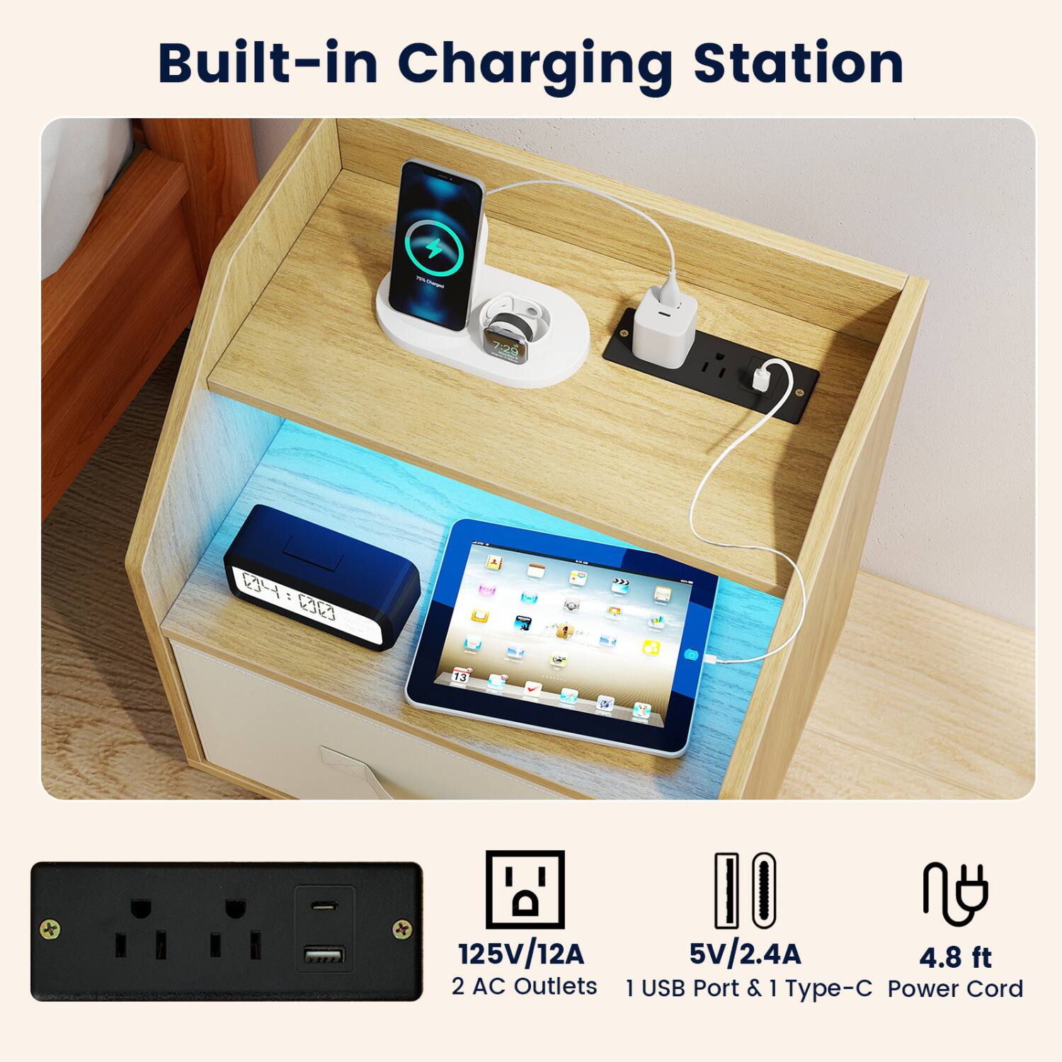 Built-in Charging Station

125V/12A 2 AC Outlets
5V/2.4A 1 USB Port & 1 Type-C Power Cord
4.8 ft Power Cord