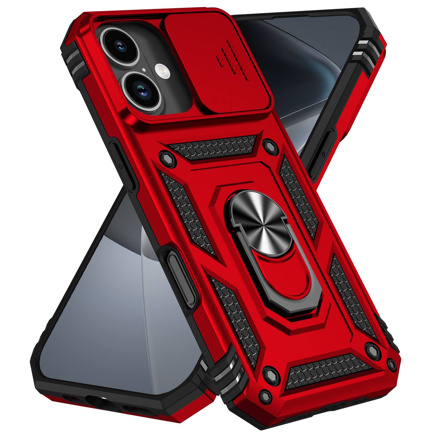 Front. Dteck - Dteck Rotatable Ring Kickstand Case for Apple iPhone 17, Heavy-Duty Rugged Slide Camera Back Cover - Red.