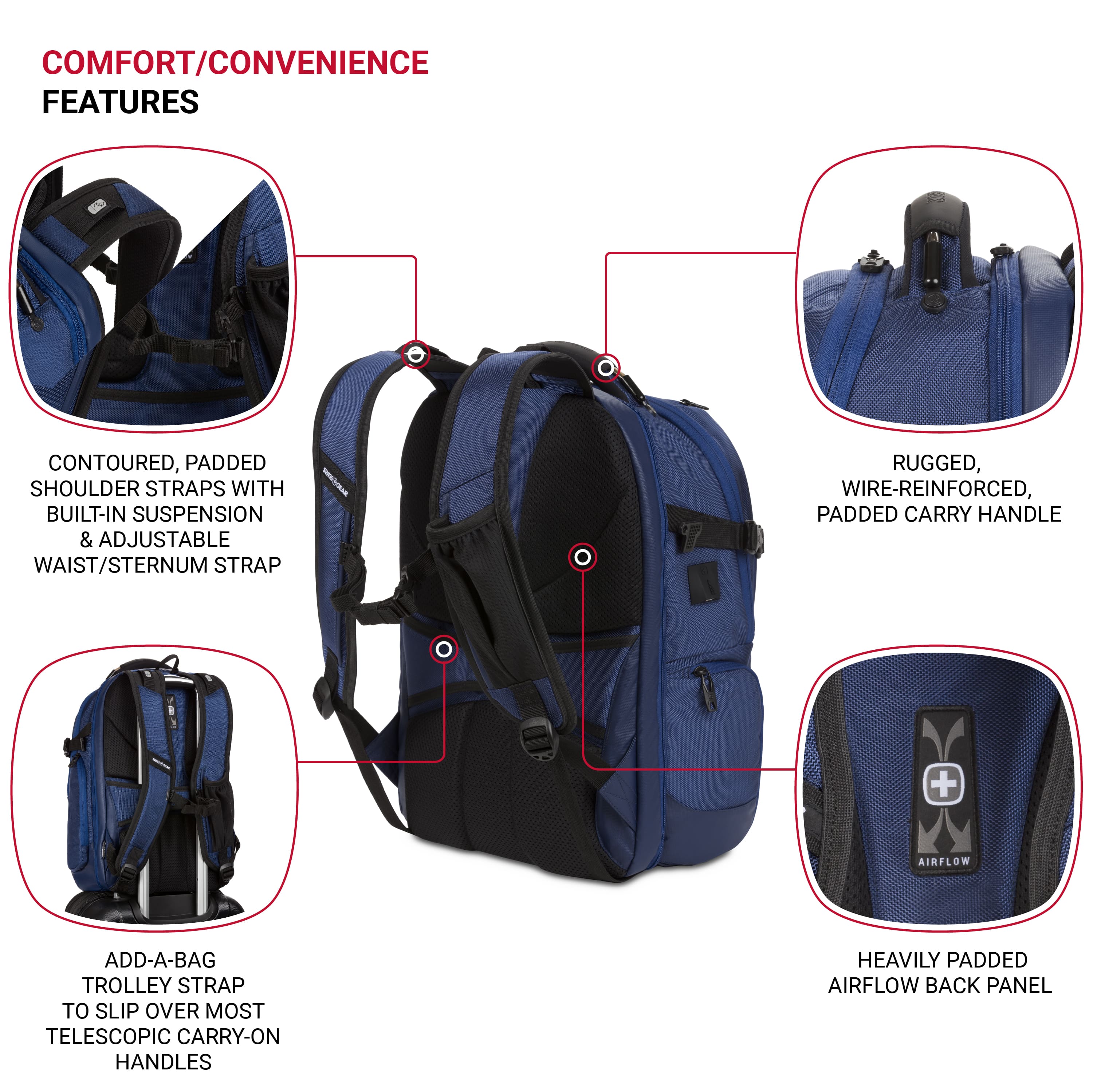 The image features a blue backpack with various comfort and convenience features. These features include contoured, padded shoulder straps with built-in suspension, adjustable waist and sternum straps, and a rugged, wire-reinforced, padded carry handle. Additionally, the backpack has an airflow add-a-bag trolley strap to slip over most telescopic carry-on handles, and a heavily padded airflow back panel for added comfort.