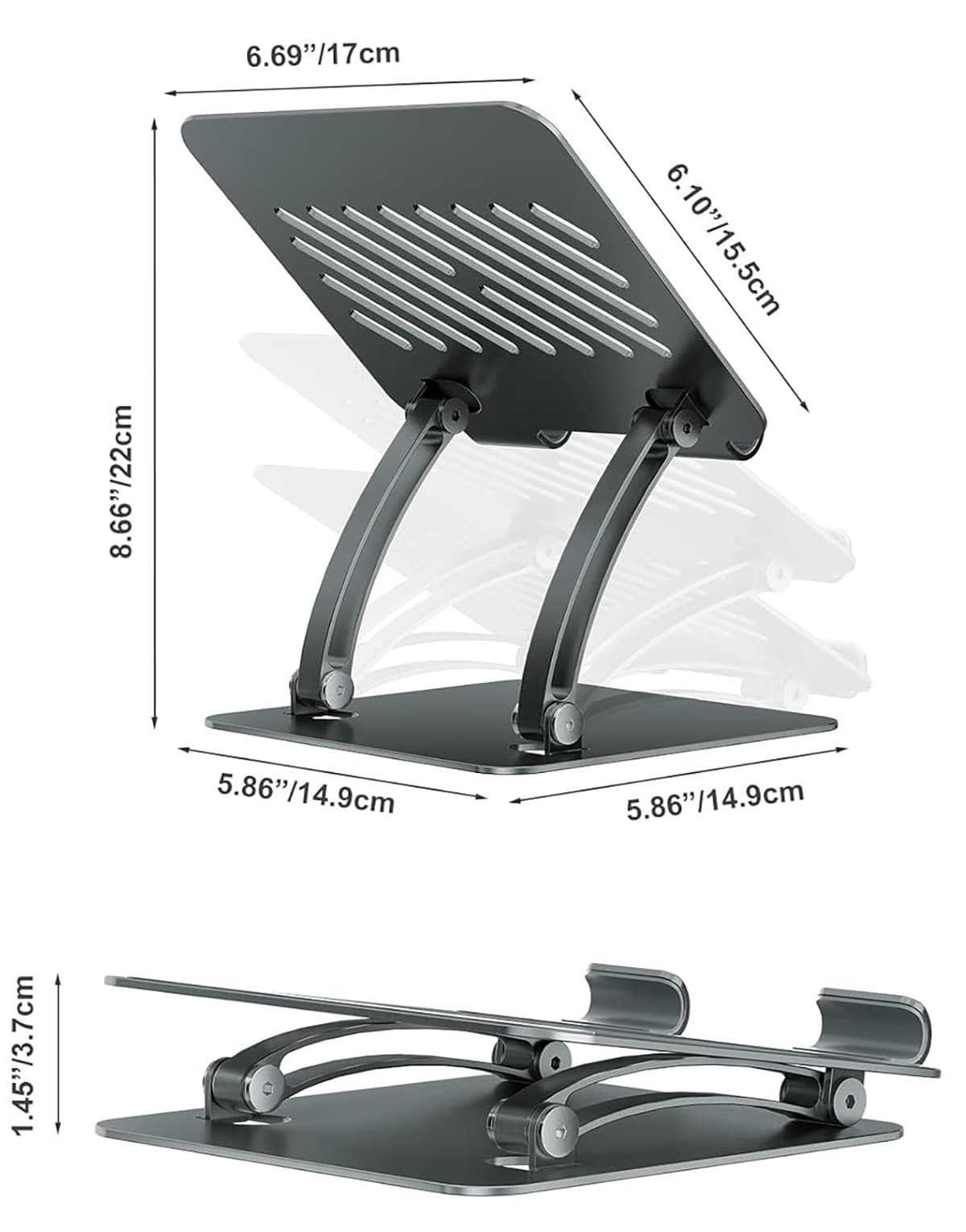 8.66"/22cm  
6.69"/17cm  
6.10"/15.5cm  
5.86"/14.9cm  
5.86"/14.9cm  
1.45"/3.7cm