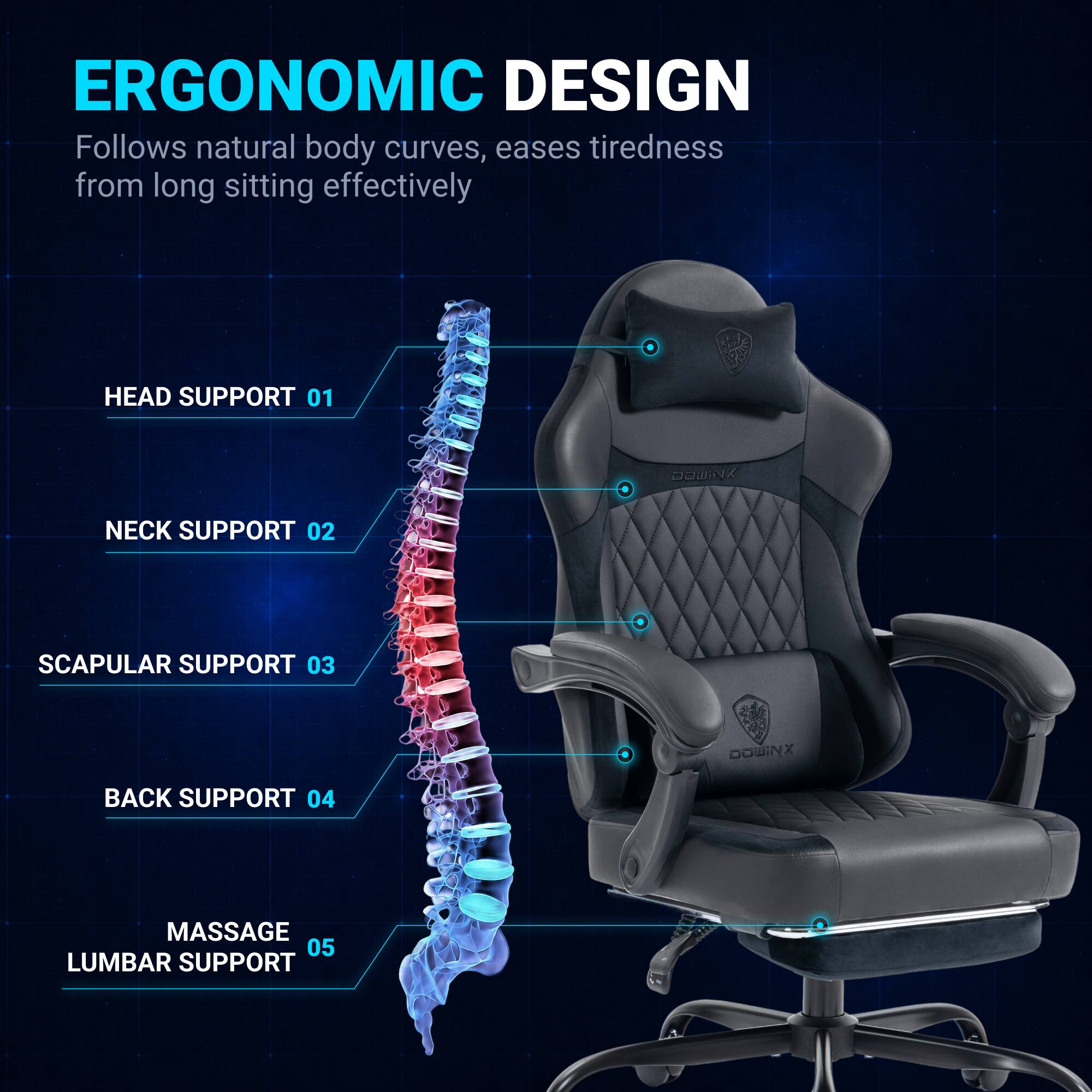 ERGONOMIC DESIGN  
Follows natural body curves, eases tiredness from long sitting effectively  

HEAD SUPPORT 01  
NECK SUPPORT 02  
SCAPULAR SUPPORT 03  
BACK SUPPORT 04  
MASSAGE  
LUMBAR SUPPORT