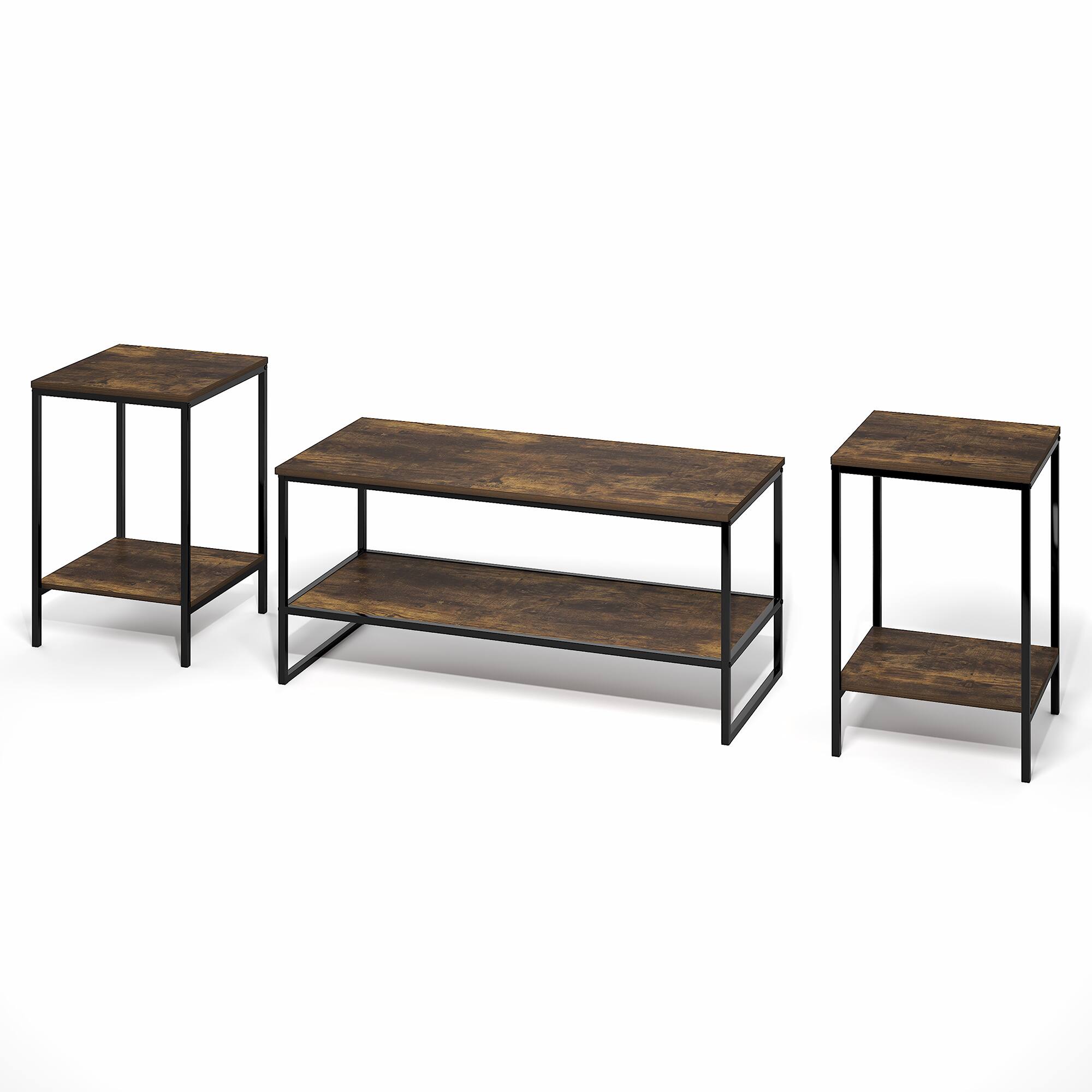 Alt View 4. Furinno - SIMPLISTIC Coffee Table and End Table Set of 3, Modern Metal Frame Coffee Table & 2 Square Side Tables, Night Stands Set - Amber Pine.
