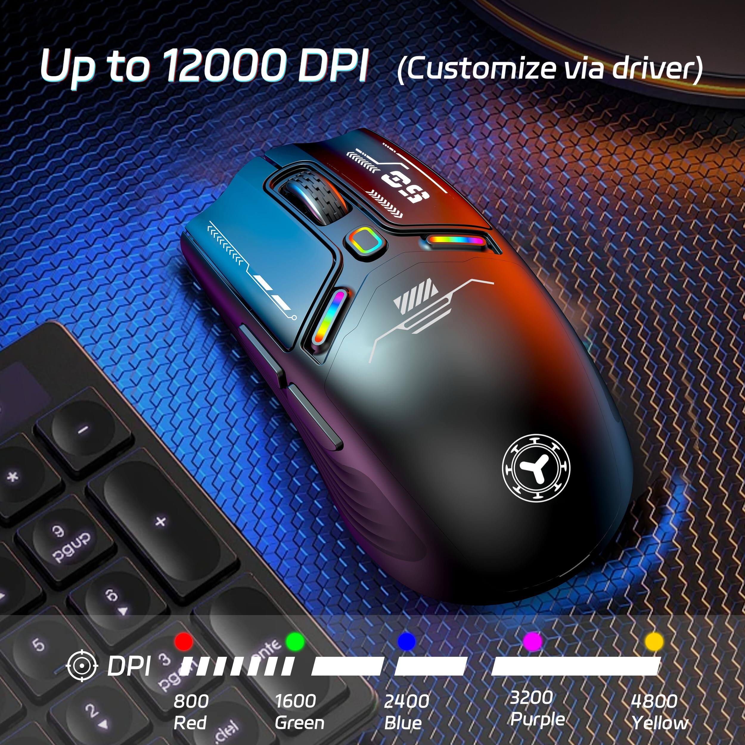 Up to 12000 DPI (Customize via driver)

DPI
800 Red
1600 Green
2400 Blue
3200 Purple
4800 Yellow