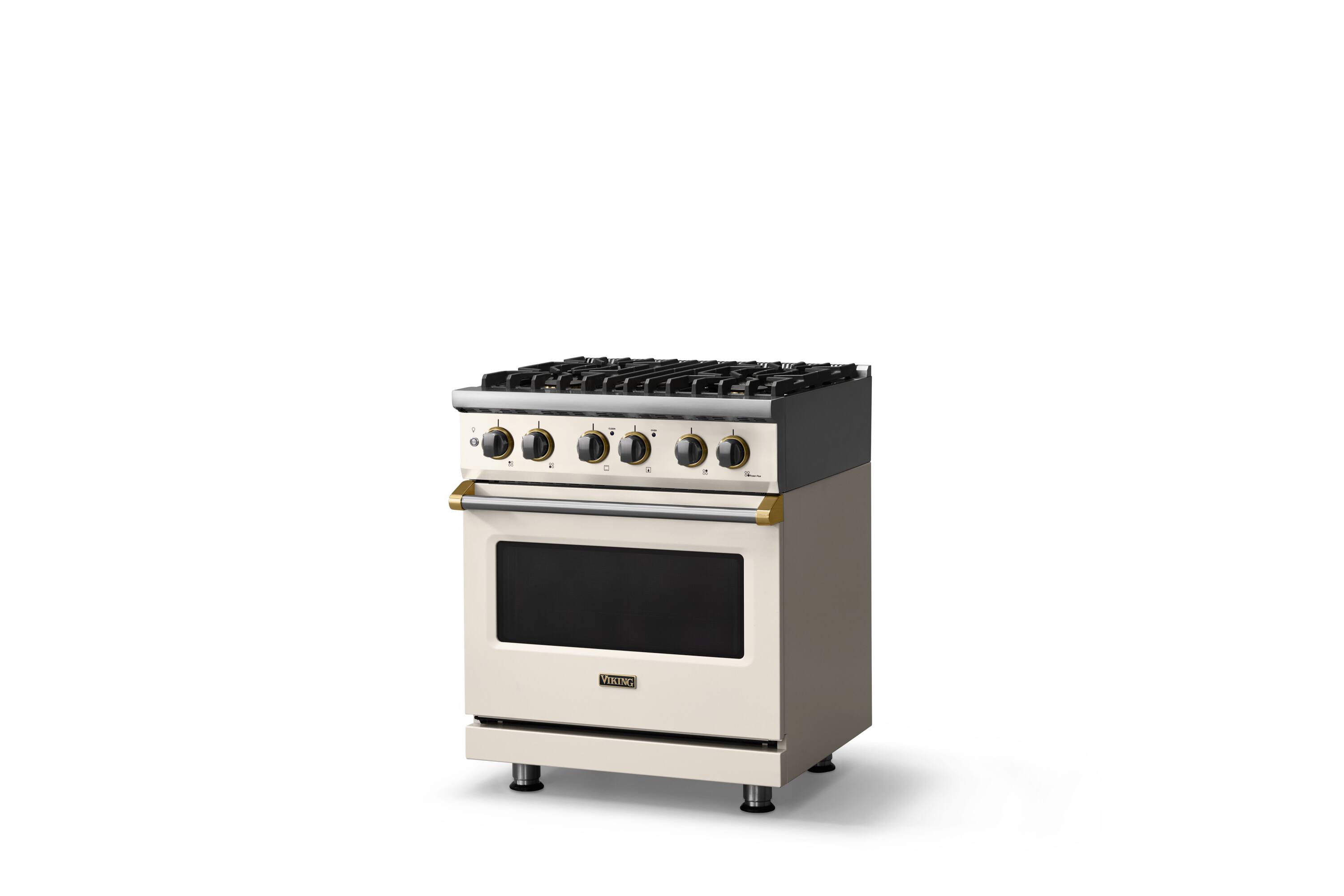 Angle. Viking - 30"W. 4 Burner Pro5S 4.7 Cu. Ft. Freestanding Sealed Dual Fuel Convection LP Range-Pure White/Brushed Brass - Pure White.