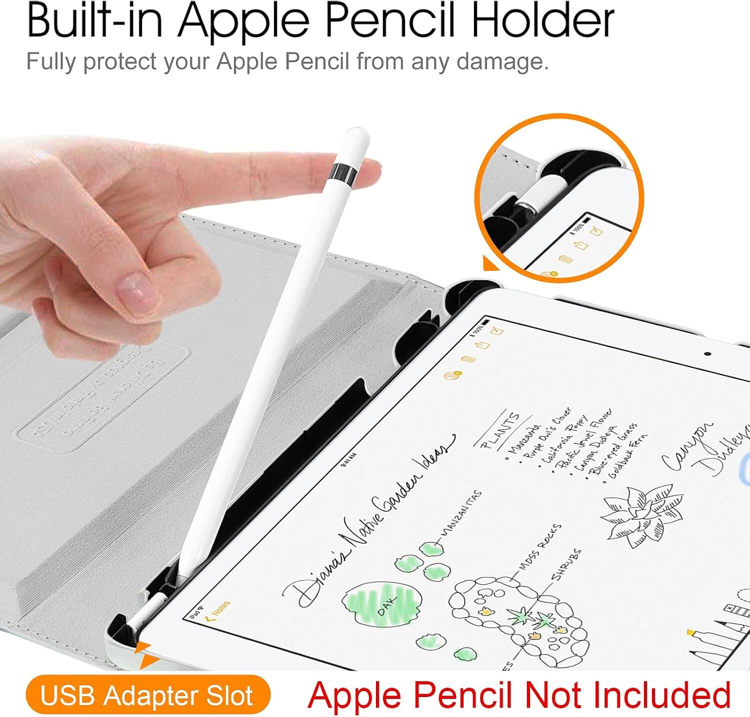 Built-in Apple Pencil Holder  
Fully protect your Apple Pencil from any damage.  

Clover Pappy Flowier PLANTS Manzanta Owl's Dilleya Gress Fern Garden / Purple California Pacific Carapon Blue-eyed eyed Goldback Commentrations Native MANZANITAS ROCKS MOSS SHRUBS Dianis! DAK ES USB Adapter Slot Apple Pencil Not Included