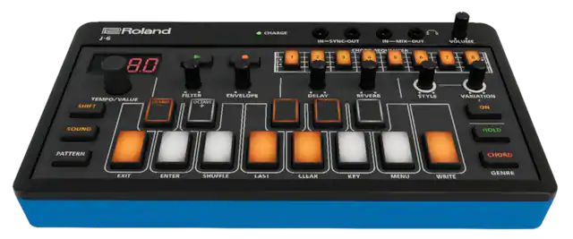 Roland J-6
CHARGE IN
IN-SYNC-OUT
IN-MIX-OUT
VOLUME
1 2 3 4 5 6 7 8
SEQ ENTER
SEQI ER
TEMPO/VALUE
OCTAVE SHIFT
FILTER
OCTAVE +
ENVELOPE
DELAY
REVERB
STYLE
VARIATION
ON
SOUND
HOLD
PATTERN
CHORD
EXIT
ENTER
SHUFFLE
LASI
CLEAR
KEY
MENU
WRITE
GENRE