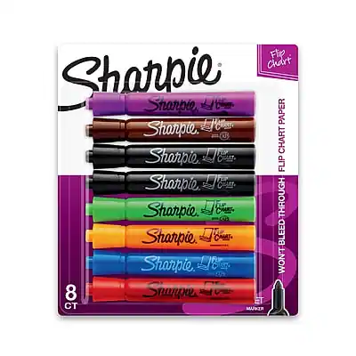 Sure, here is the corrected and grouped text from the image:
**Front of the Package:**
- Sharpie
- Flip Chart
- 8 CT
- MAXX
**Side of the Package:**
- Flip Chart
- FLIP CHART PAPER
- WON'T BLEED THROUGH
- Sharpie
**Markers:**
- Sharpie
- Flip Chart
- MAXX