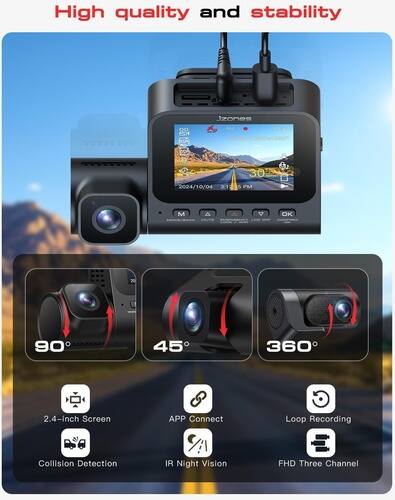 High quality and stability

Jzones

30 2024/10/04 PM M OK 20 90 45 360

2.4-inch Screen
APP Connect
Loop Recording
Collision Detection
IR Night Vision
FHD Three Channel