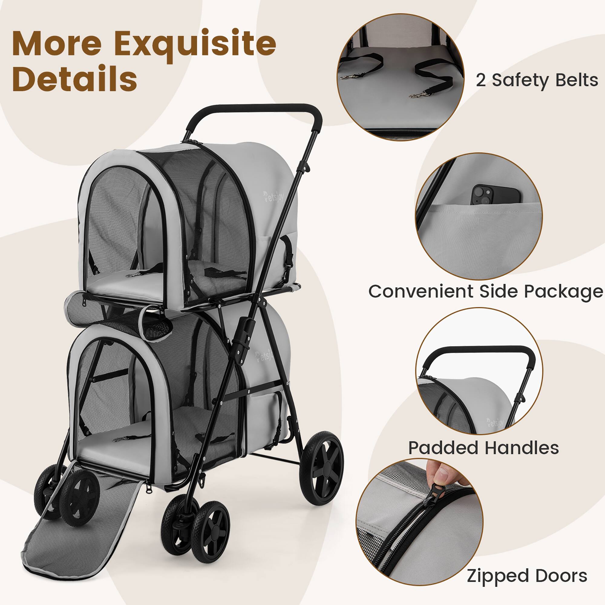 More Exquisite Details

- 2 Safety Belts
- Convenient Side Package
- Padded Handles
- Zipped Doors