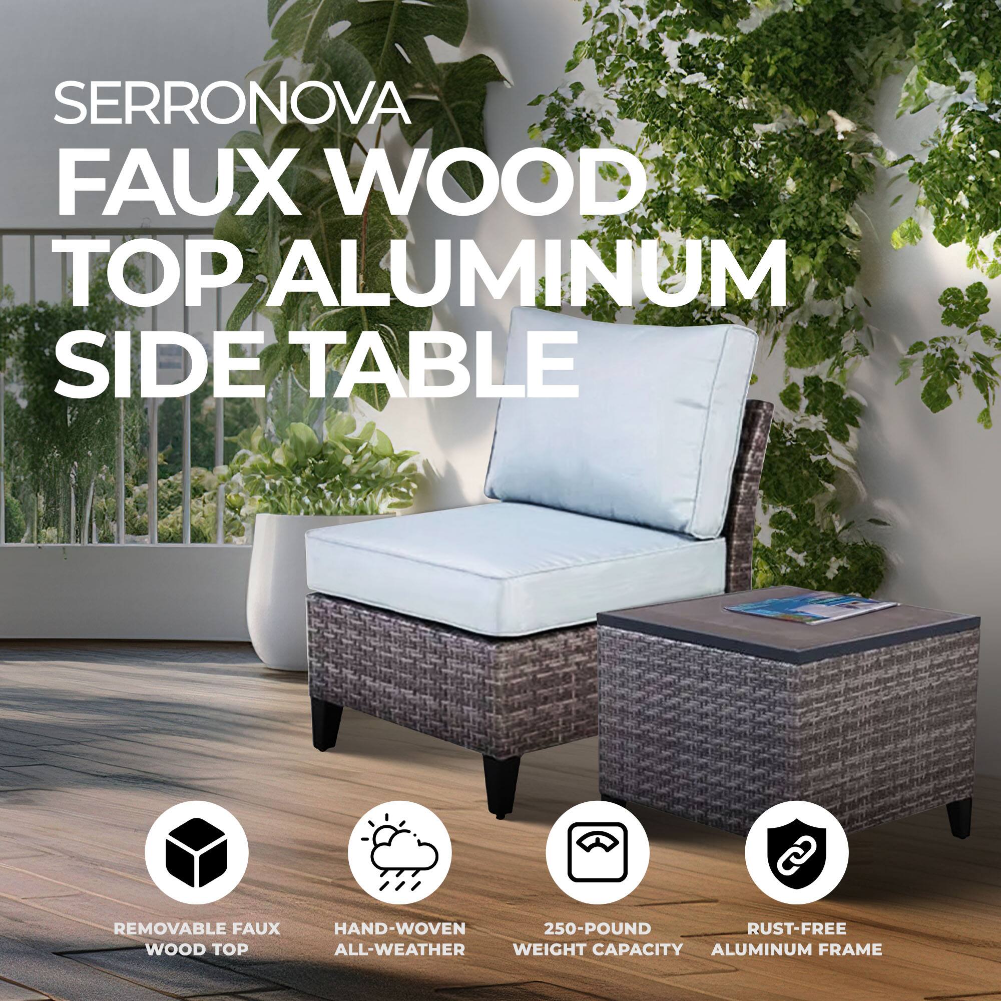 SERRRONOVA FAUX WOOD TOP ALUMINUM SIDE TABLE

- REMOVABLE FAUX WOOD TOP
- HAND-VOVEN ALL-WEATHER
- 250-POUND WEIGHT CAPACITY
- RUST-FREE ALUMINUM FRAME
