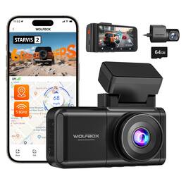 WOLFBOX - STARVIS 2 Night Vision, 2.5K+1080P Car Dash Cam, 64GB Card, 5.8GHz WiFi, GPS, Voice Control, Touch Screen - Black