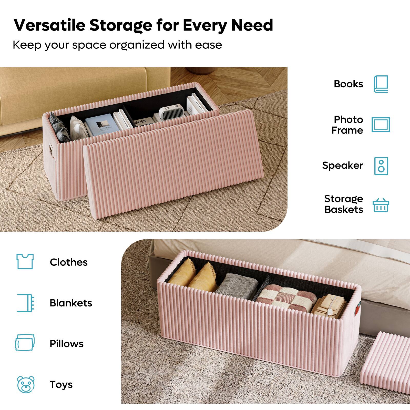 Books, Photo Frame, Speaker, Storage Baskets, Clothes, Blankets, Pillows, Toys