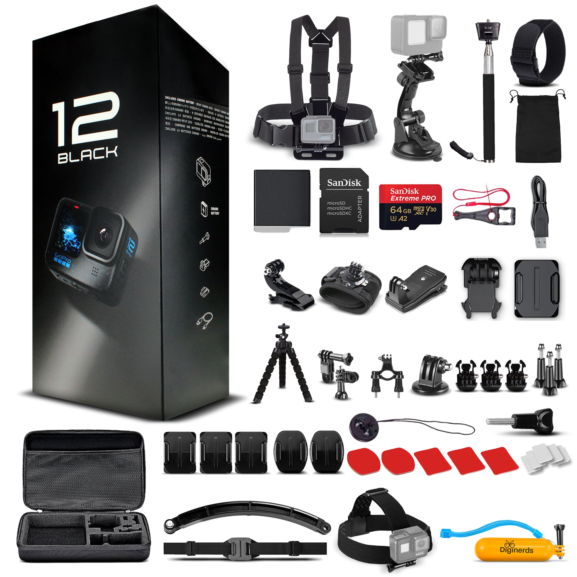 GoPro - HERO12 - Waterproof Action Camera + 64GB Card and 50 Piece Accessory Kit - Black