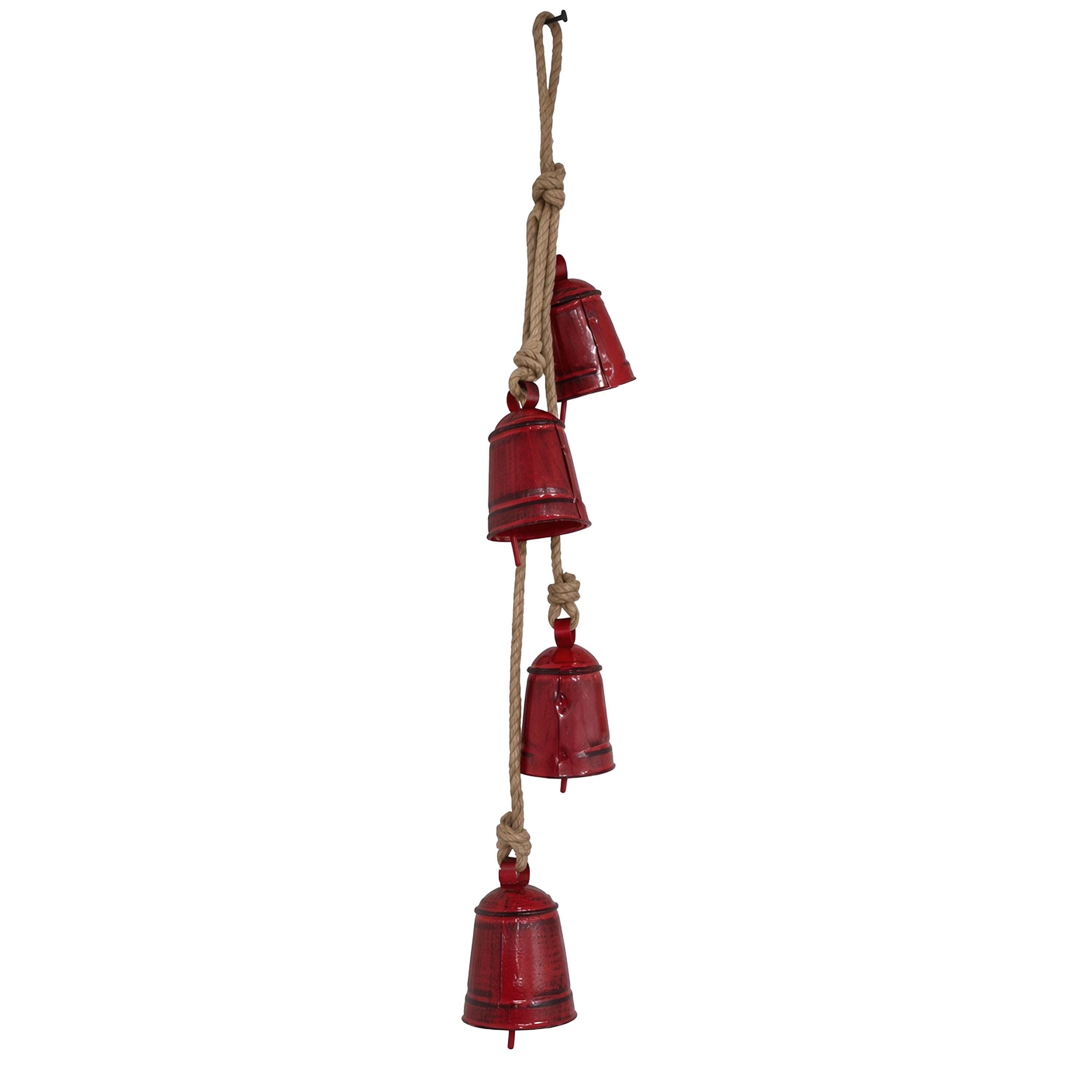 Angle. Manhattan Lane - 27 Inch Decorative Wind Chime, 4 Cascading Cow Bells, Jute Rope, Boho Rustic Style - Antique Red, Natural Brown.