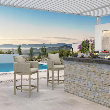 Front. PURPLE LEAF - Outdoor Counter Height Stool Set of 2 Aluminum Modern Olefin Barstools with Backrest Pillow for Garden Balcony Lawn - Champagne & Square Base.