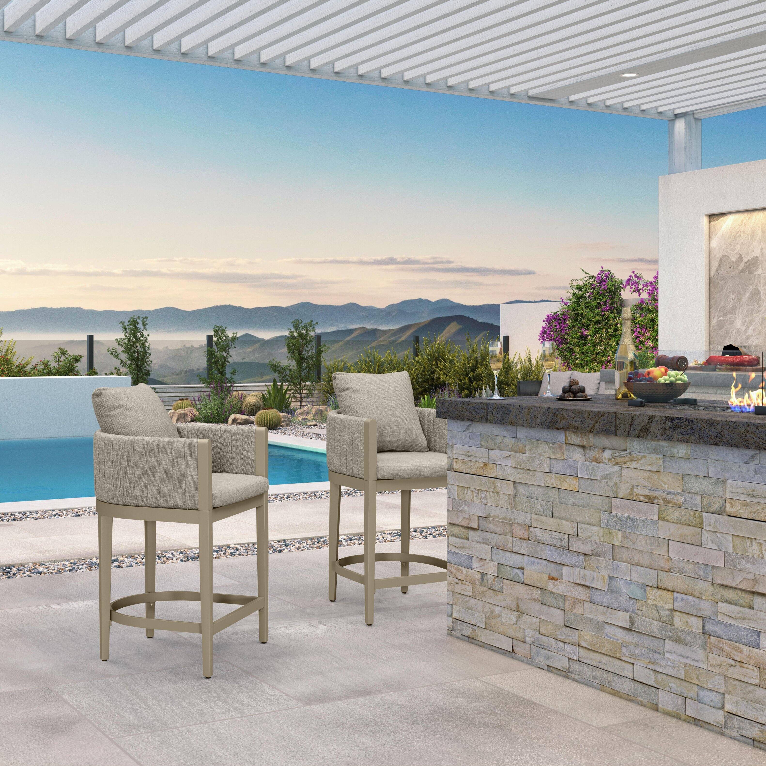 Front. PURPLE LEAF - Outdoor Counter Height Stool Set of 2 Aluminum Modern Olefin Barstools with Backrest Pillow for Garden Balcony Lawn - Champagne & Square Base.