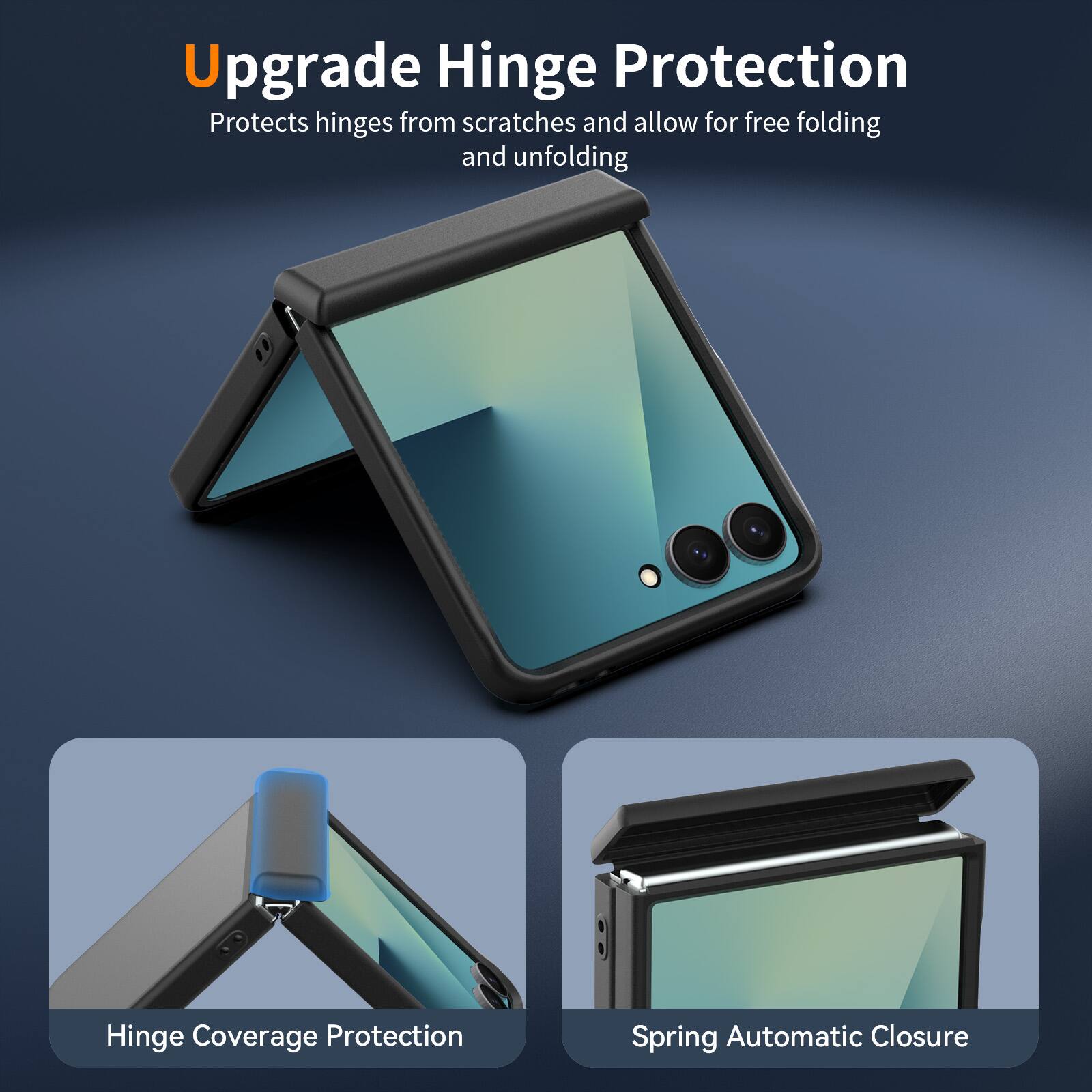 Upgrade Hinge Protection  
Protects hinges from scratches and allows for free folding and unfolding  

Hinge Coverage Protection  

Spring Automatic Closure