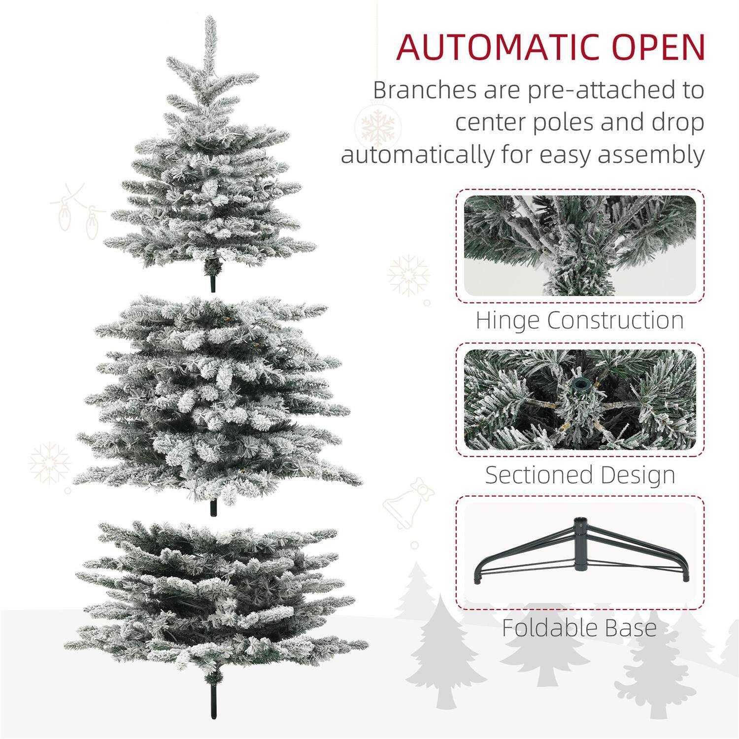 AUTOMATIC OPEN  
Branches are pre-attached to center poles and drop automatically for easy assembly  

Hinge Construction  
Sectioned Design  
Foldable Base