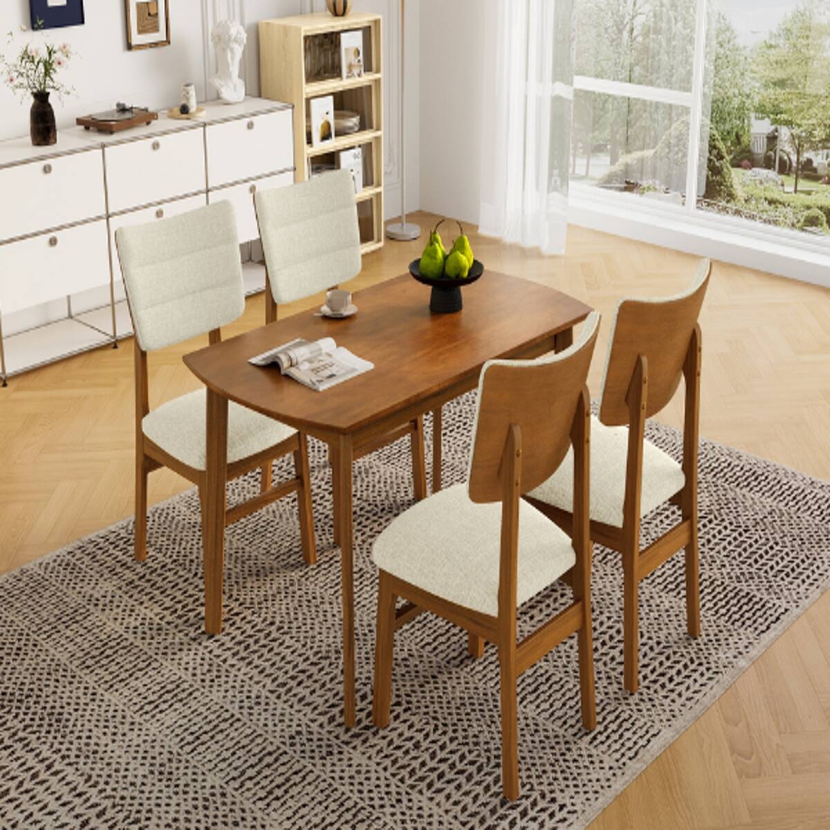 Alt View 1. Loheer - Loheer Farmhouse Dining Table Set for 4 with Upholstered Dining Chairs, Brown and Beige - Brown and Beige.