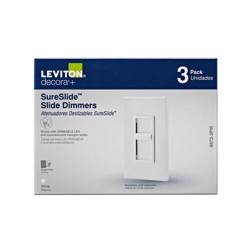 LEVITON decora+ SureSlide™ Slide Dimmers  
Atenuadores Deslizables SureSlide™  
Works with DIMMABLE LED and incandescent/halogen bulbs  
Trabaja con focos LED ATENUABLES e incandescentes/halógenos  
Pack 3 Unidades  
6672-3PW  
Single Pole Unipolar  
White Blanco  
Wallplates sold separately  
Placas de vende separada