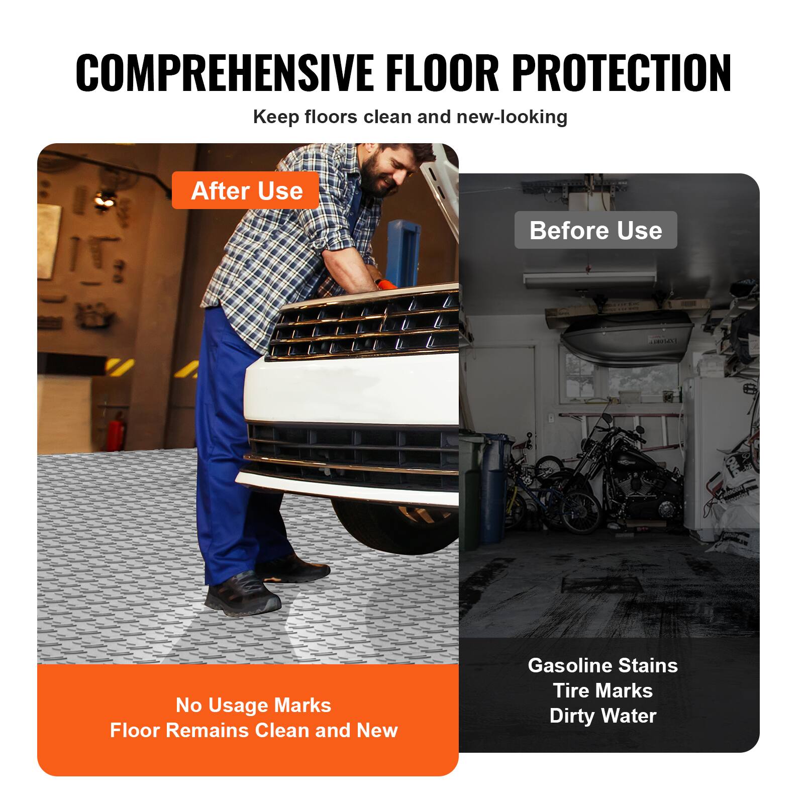 COMPREHENSIVE FLOOR PROTECTION  
Keep floors clean and new-looking

After Use  
No Usage Marks  
Floor Remains Clean and New

Before Use  
Gasoline Stains  
Tire Marks  
Dirty Water