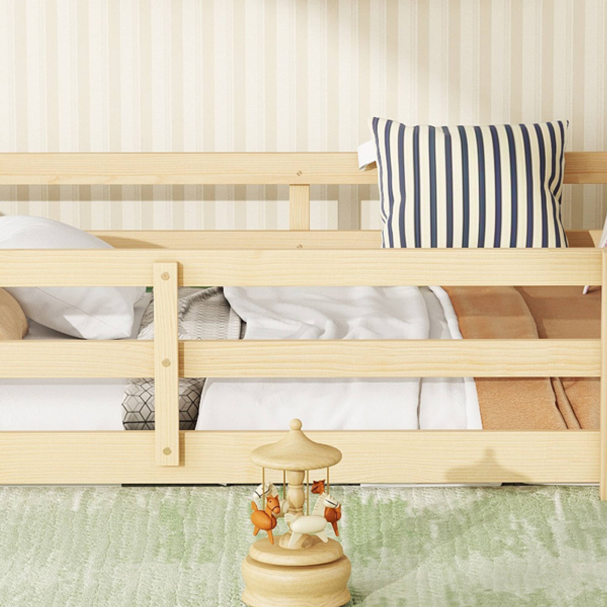 Back. GOODSILO - Twin Size Floor Bed for Kids with Safety Fence, Sturdy Wooden Montessori Style Bed Frame for Boys and Girls - Oak.