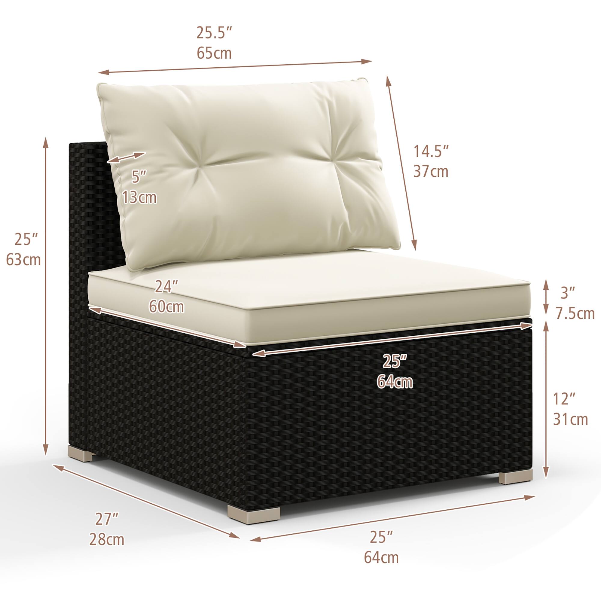 25.5" 65cm  
14.5" 37cm  
25" 63cm  
24" 60cm  
3" 7.5cm  
25" 64cm  
12" 31cm  
27" 28cm  
25" 64cm