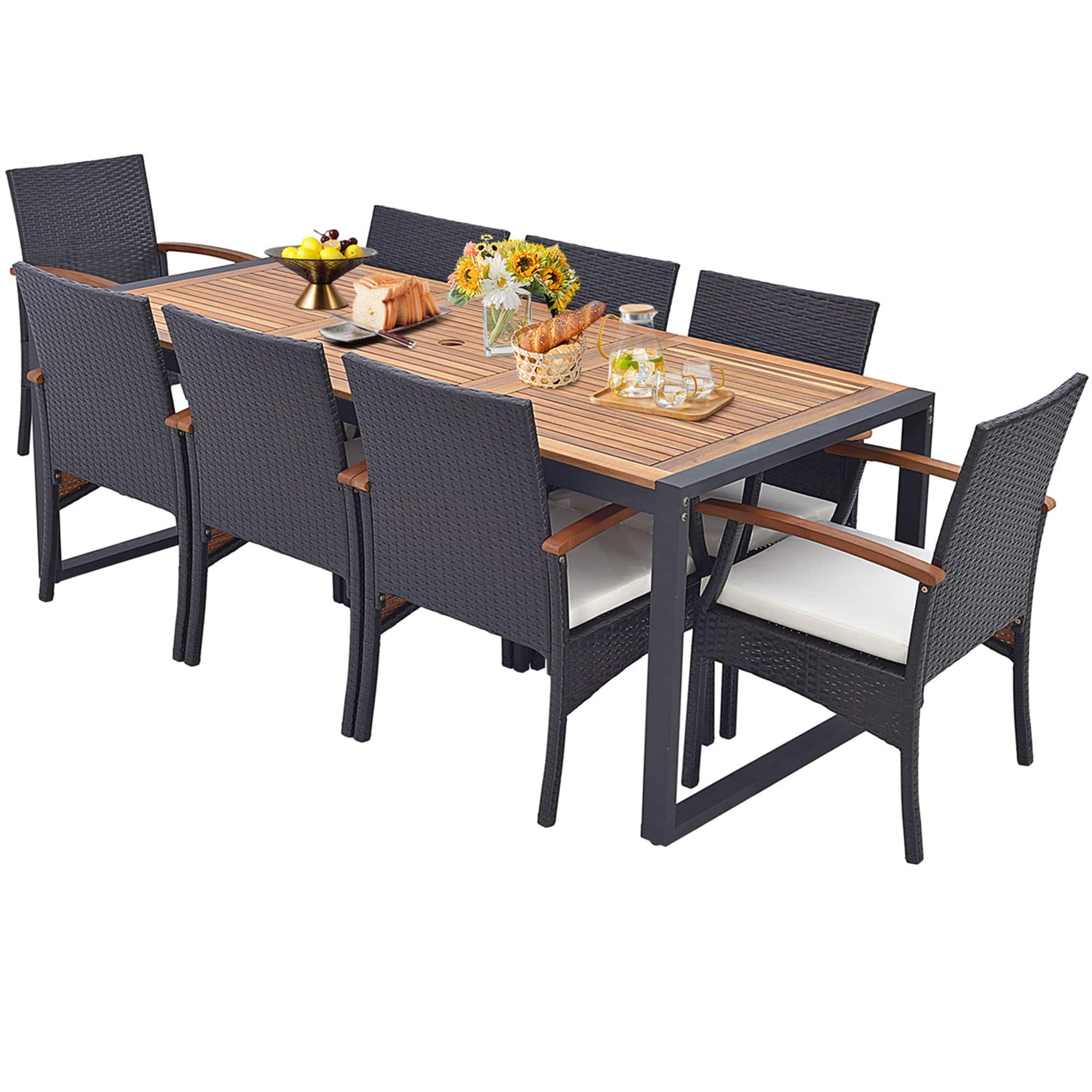 Alt View 9. Costway - 9 Pieces Patio Rattan Dining Set with Acacia Wood Table, 1.9" Umbrella Hole - Mix Brown + Off White.