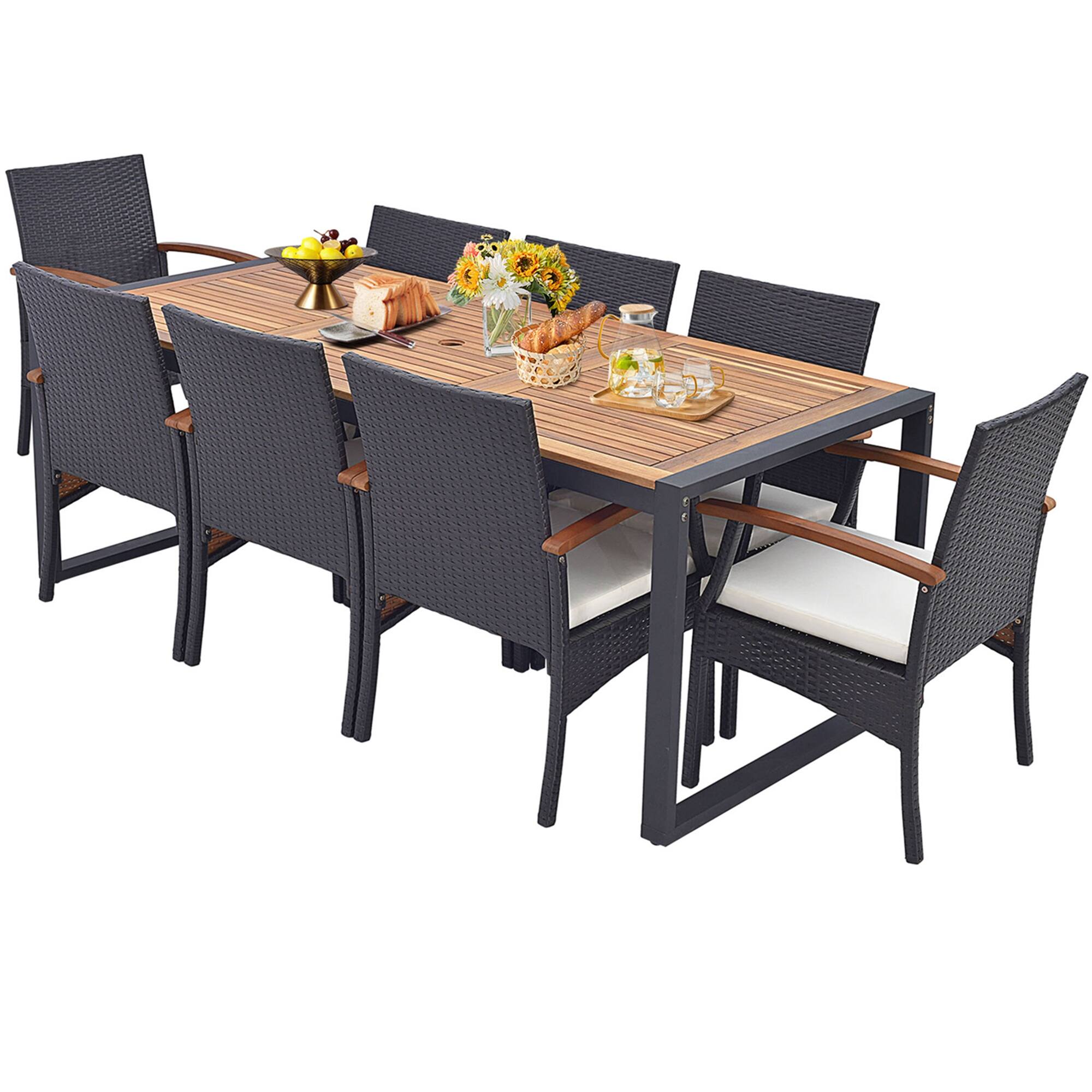 Alt View 9. Costway - 9 Pieces  Patio Rattan Dining Set with Acacia Wood Table, 1.9" Umbrella Hole - Mix Brown + Off White.