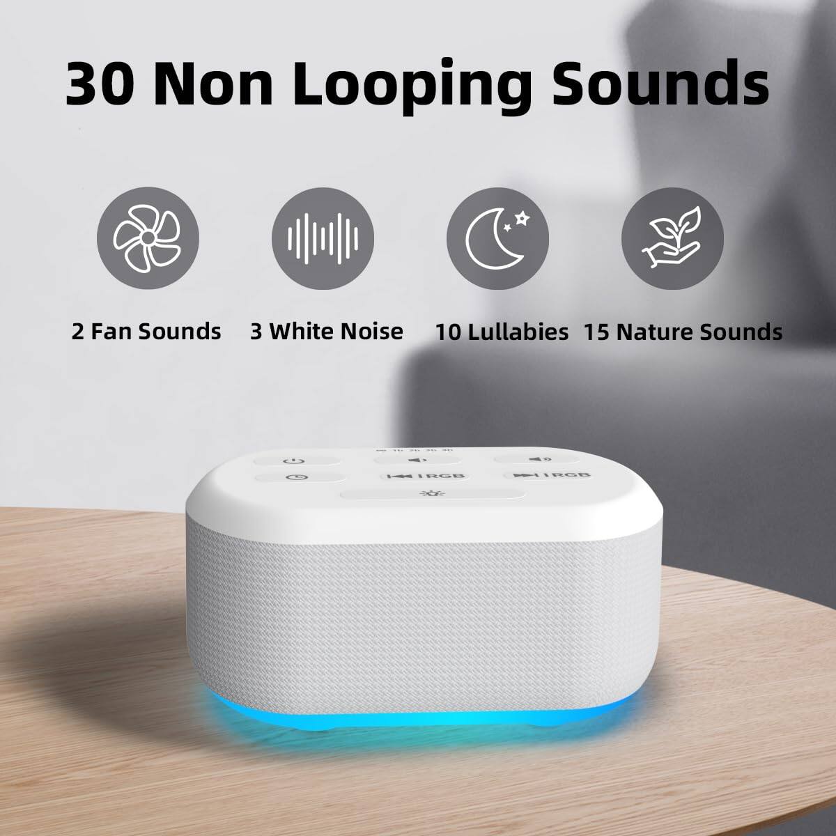 30 Non Looping Sounds

2 Fan Sounds  
3 White Noise  
10 Lullabies  
15 Nature Sounds